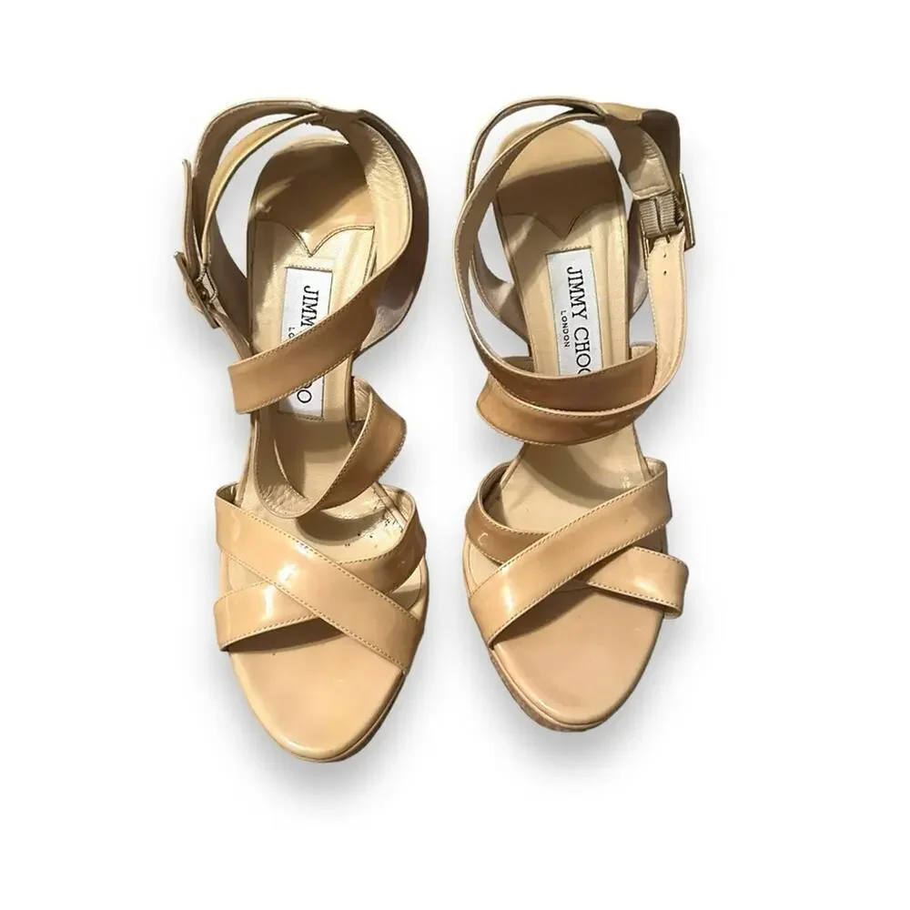 Jimmy‎ Choo Beige Patent Leather Vamp Sandals Stiletto Heels Sz 38.5